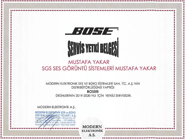 Modern Elektronik A.Ş. tarafından SGS Ses Görüntü Sistemleri adına düzenlenen, 2019–2020 yılı için geçerli Bose Servis Yetki Belgesi